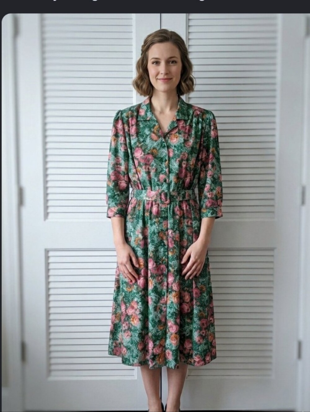 Vintage California Looks Midi Dress with Pink Roses W/Belt